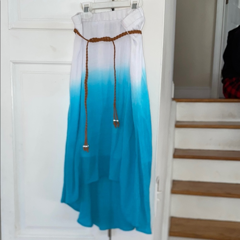 White and Blue High-Low Maxi Skirt for Resort Wear